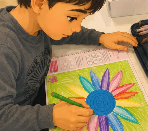 Kuru boyayla çiçek deseni boyayan bir öğrenci
