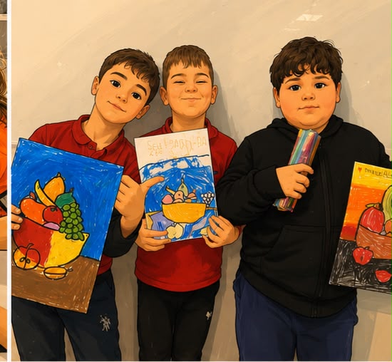 Natürmort boyama çalışmalarını gösteren üç öğrenci
