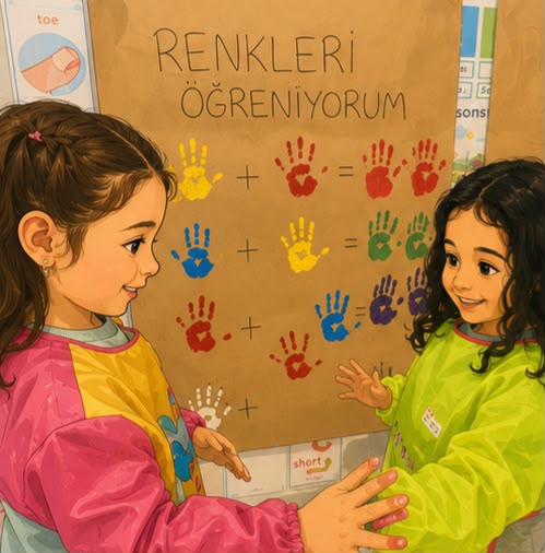 El izleriyle hazırlanmış renk karışımı panosunu inceleyen iki öğrenci