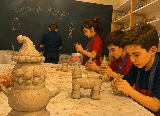 Seramik atölyesinde kil figürler yapan çocuklar