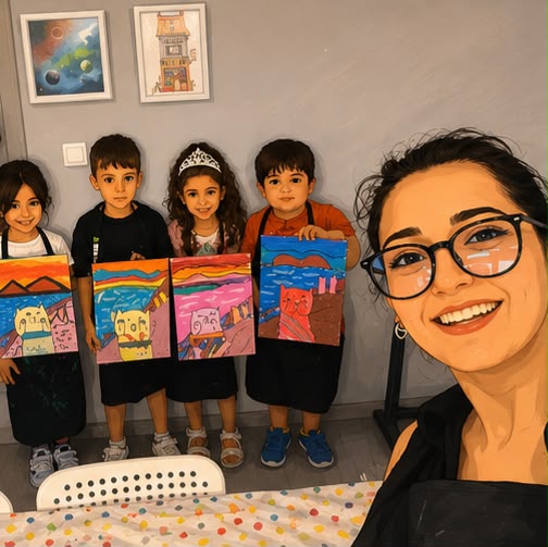 Tamamladıkları tabloları tutan öğrenciler ve öğretmenleri