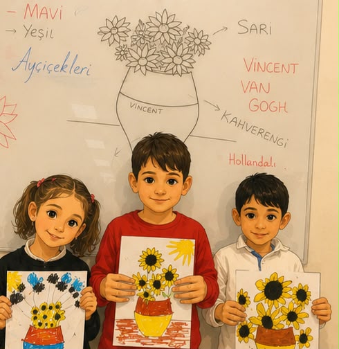 Van Gogh'un Ayçiçekleri çalışmasını tamamlayan üç öğrenci ve tahtadaki ders anlatımı